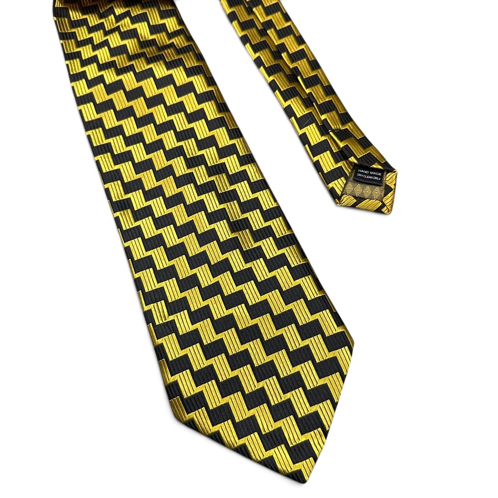 Angelino Italy Mens Tie Gold Black Geometric Jacquard Hand Made Necktie